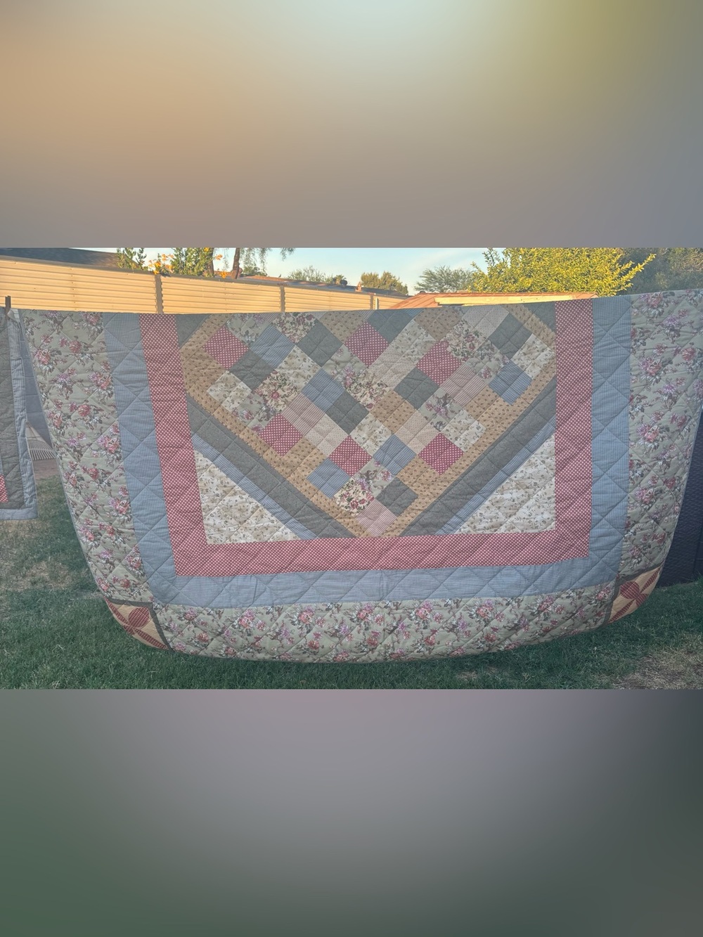 Floral Patchwork Quilt in Pink, Blue, Cream - Picture 3 of 4